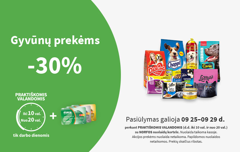 Nuolaida gyvūnų prekėms PRAKTIŠKOMIS VALANDOMIS 2023 m. rugsėjo 25-29 d.