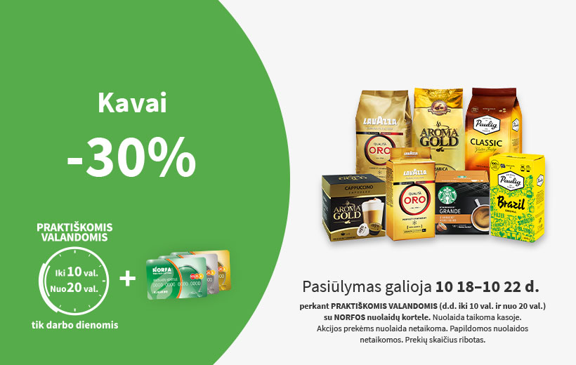 Nuolaida kavai PRAKTIŠKOMIS VALANDOMIS spalio 18-22 d.