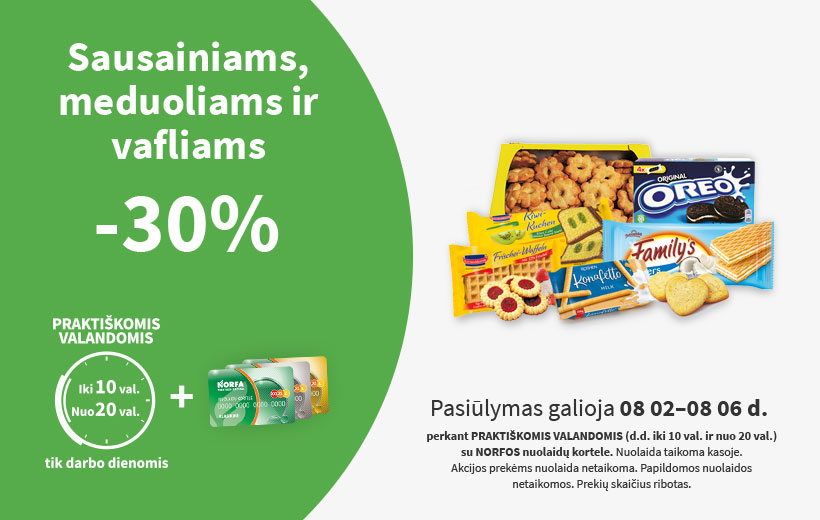 Nuolaida sausainiams PRAKTIŠKOMIS VALANDOMIS 08 02-08 06 d.