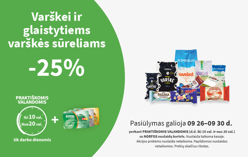 Nuolaida varškei ir glaistytiems varškės sūreliams PRAKTIŠKOMIS VALANDOMIS rugsėjo 26-30 d.