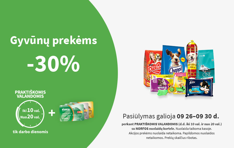 Nuolaida gyvūnų prekėms PRAKTIŠKOMIS VALANDOMIS rugsėjo 26-30 d.
