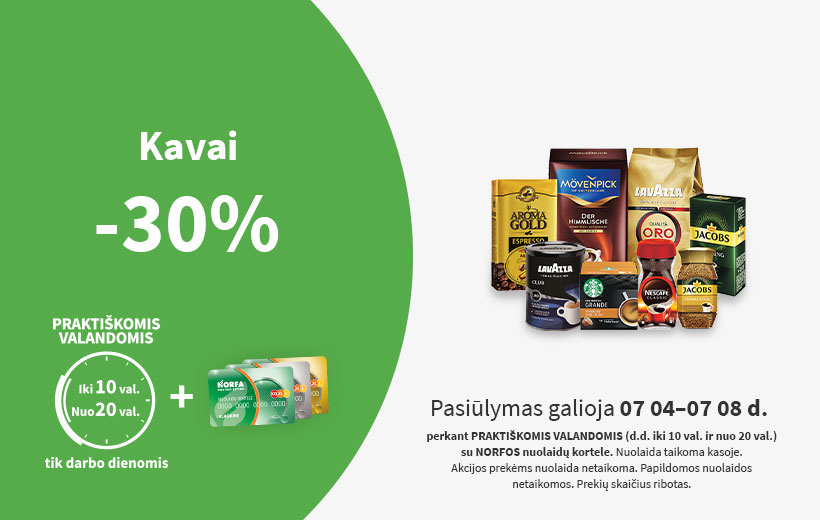 Nuolaida kavai PRAKTIŠKOMIS VALANDOMIS liepos 4-8 d.