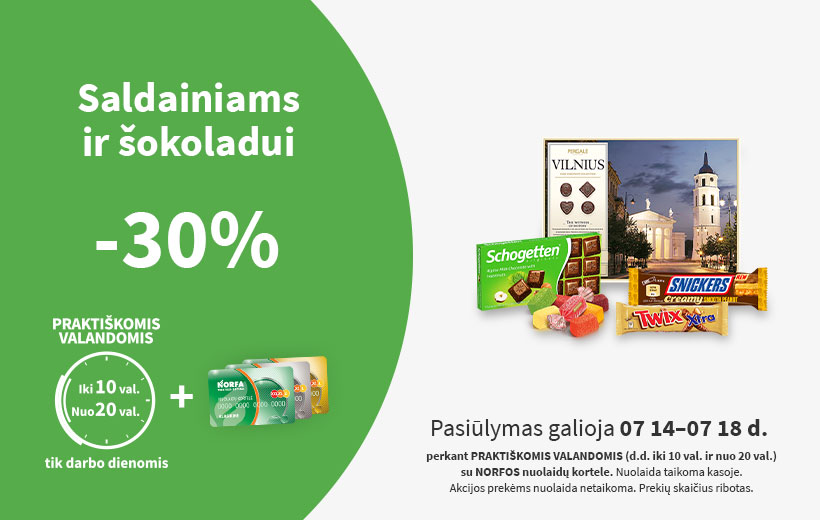 Nuolaida saldainiams PRAKTIŠKOMIS VALANDOMIS 2025 m. liepos 14-18 d.
