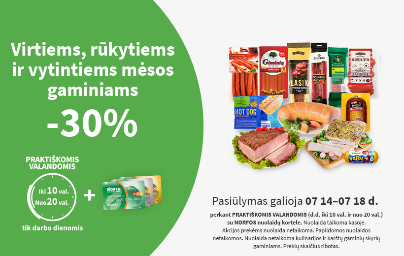 Nuolaida rūkytiems, virtiems ir vytintiems mėsos gaminiams PRAKTIŠKOMIS VALANDOMIS 2025 m. liepos 14-18 d.