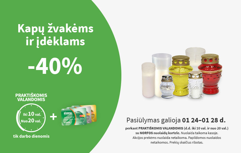 Nuolaida kapų žvakėms PRAKTIŠKOMIS VALANDOMIS sausio 24-28 d.