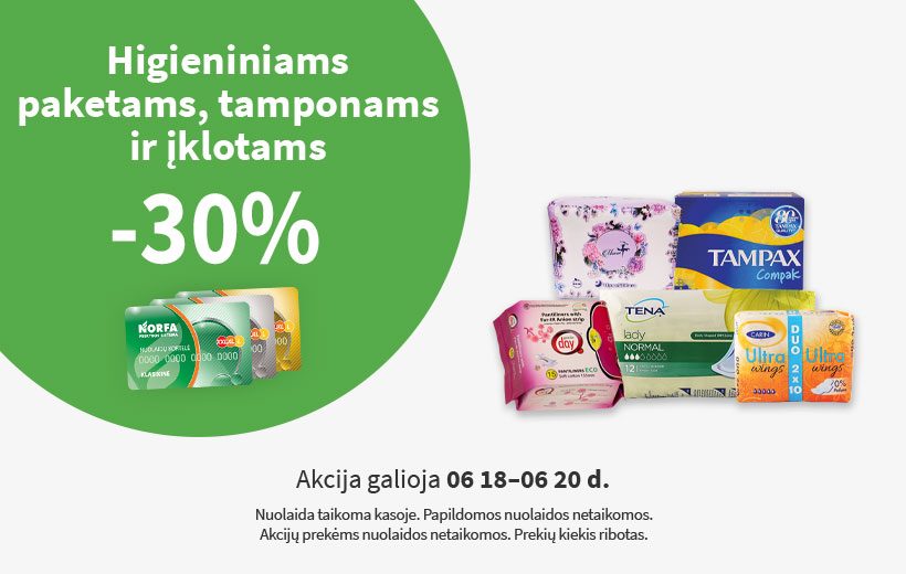 Savaitgalio nuolaida higieniniams paketams, tamponams ir įklotams 06 18-06 20d.