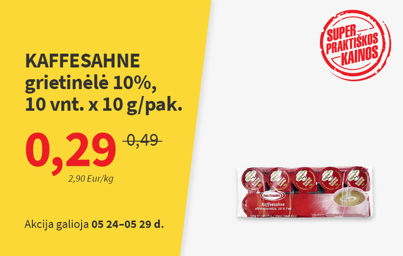 SUPER PRAKTIŠKA KAINA. Grietinėlė KAFFESAHNE 10%, 10 vnt. x 10 g/pak.