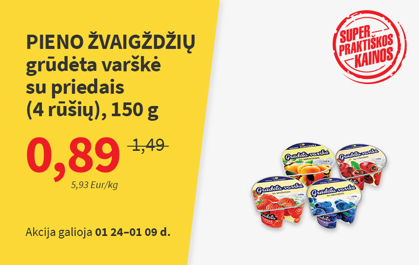 PIENO ŽVAIGŽDŽIŲ grūdėtos varškės su skoniais akcija