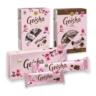 Saldainiams, pieniniam šokoladui ir batonėliui GEISHA, 37 g, 100 g, 150 g, 270 g