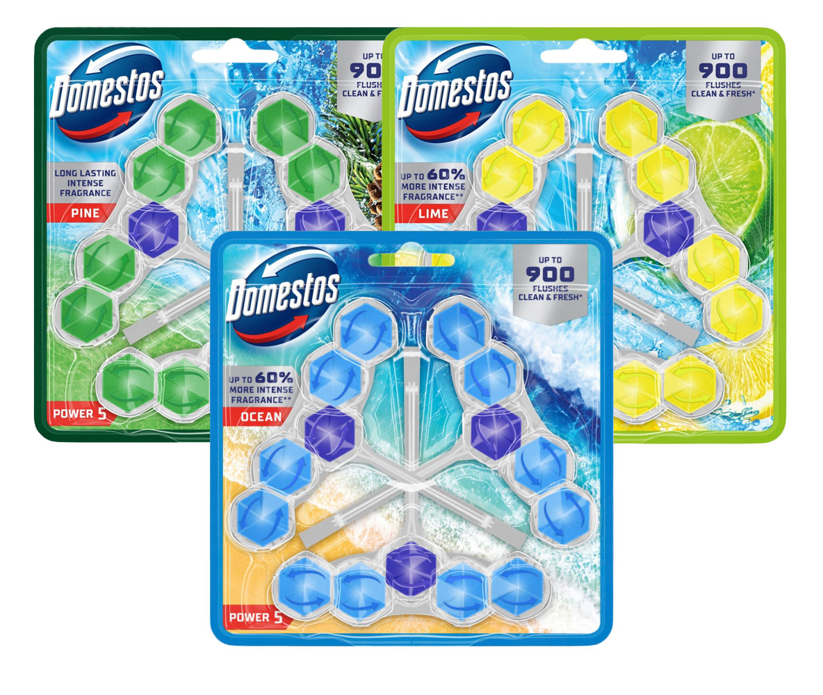 WC valiklis - gaiviklis DOMESTOS POWER 5 LIME, OCEAN arba PINE, 3x50 g/pak.