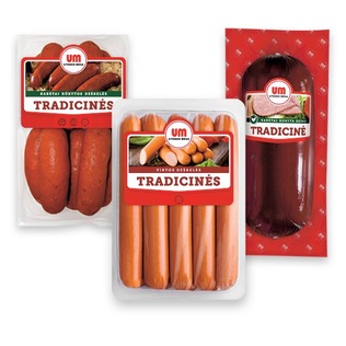 K. r. ir virt. TRADICINĖMS dešrelėms ir karštai rūkytai vištienos dešrai, 730 g, 800 g
