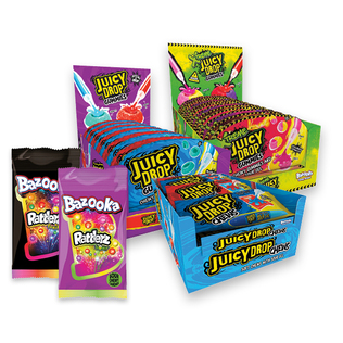 Kramt. saldainiai BAZOOKA RATTLERZ (2 rūšių) ir JUICY DROPS (4 rūšių), 26-67 g