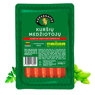 KURŠIŲ MEDŽIOTOJŲ karštai rūkytos dešrelės, 600 g