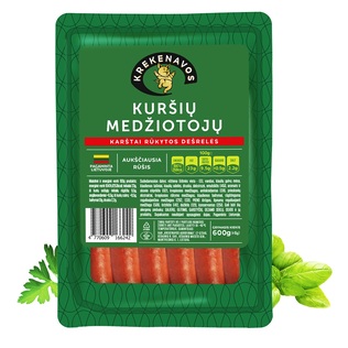 KURŠIŲ MEDŽIOTOJŲ karštai rūkytos dešrelės, 600 g