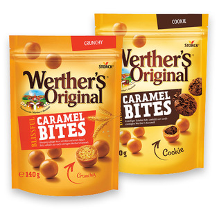 Saldainiai WERTHER‘S ORIGINAL CARAMEL BITES CRUNCHY (2 rūšių), 140 g