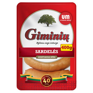 GIMINIŲ virtos sardelės, 400 g