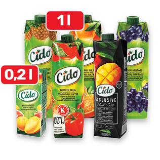 Sultims, nektarams ir sulčių gėrimams CIDO (įv. rūšių), 0,2–1,5 l