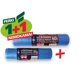 Užrišami šiukšl. maišai, 35 l x 15 vnt./pak. arba 60 l x 10 vnt./pak.