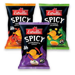 Vingiuoto pjaustymo bulvių traškučiai ESTRELLA SPICY (3 rūšių), 115 g