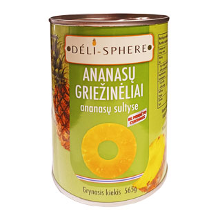 Konservuoti ananasų griežinėliai ananasų sultyse DELI-SPHERE, 565 g